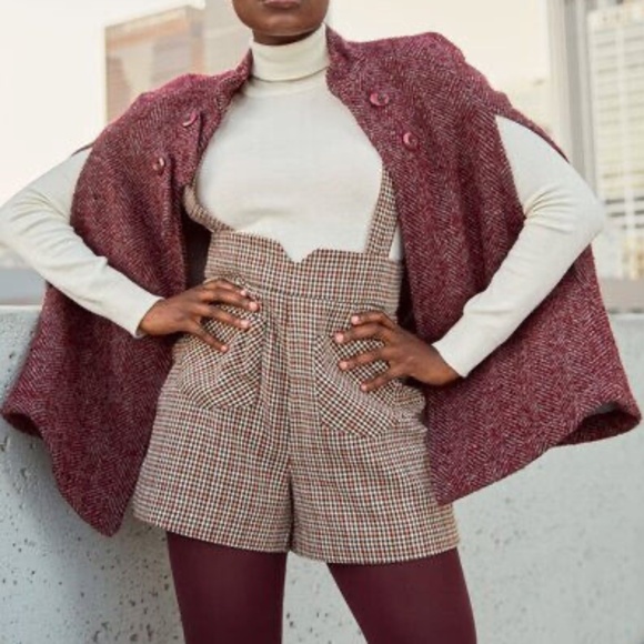 ModCloth Pardon My French Quarter Cape Wool Blend Tweed Burgundy Herringbone - Picture 1 of 14
